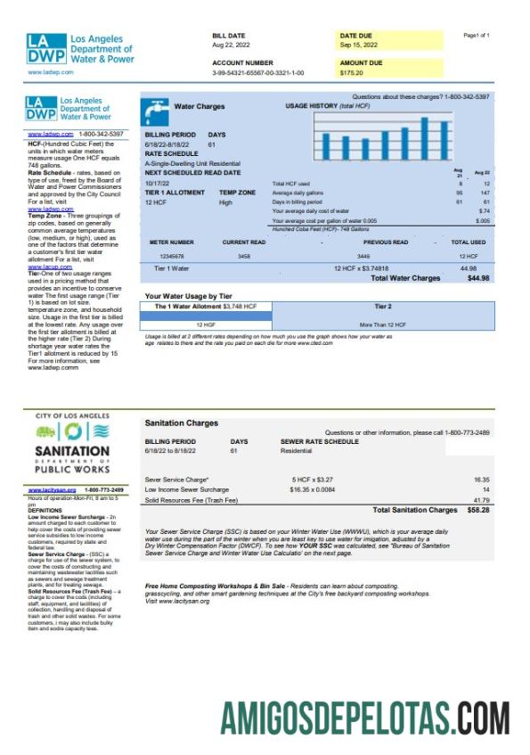 Em branco modelo de fatura de serviços públicos LA DWP dos EUA em formato Word e PDF